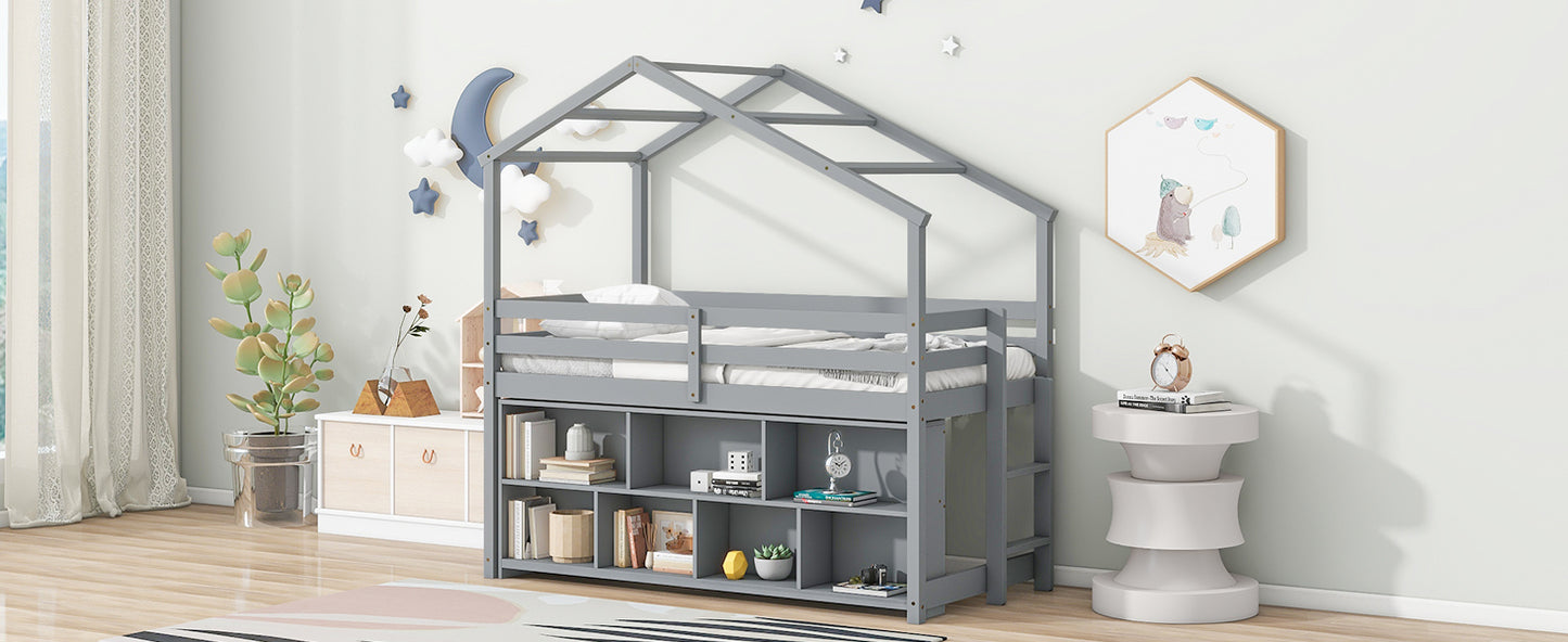 Twin House Loft Bed with Roof Frame, Under Bed Shelving Storage Unit, Guardrails, Ladder,Grey