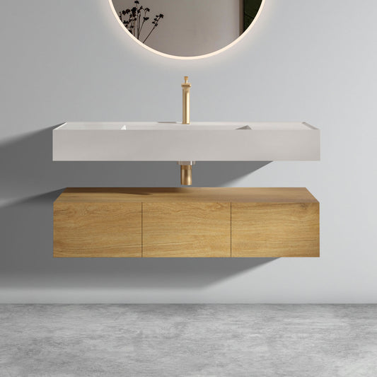 U065-Flora48W-106 Floating Bathroom Sink with Storage Cabinet, Natural Oak Wall-mounted Basin with Cabinet with 3 Soft Close Doors