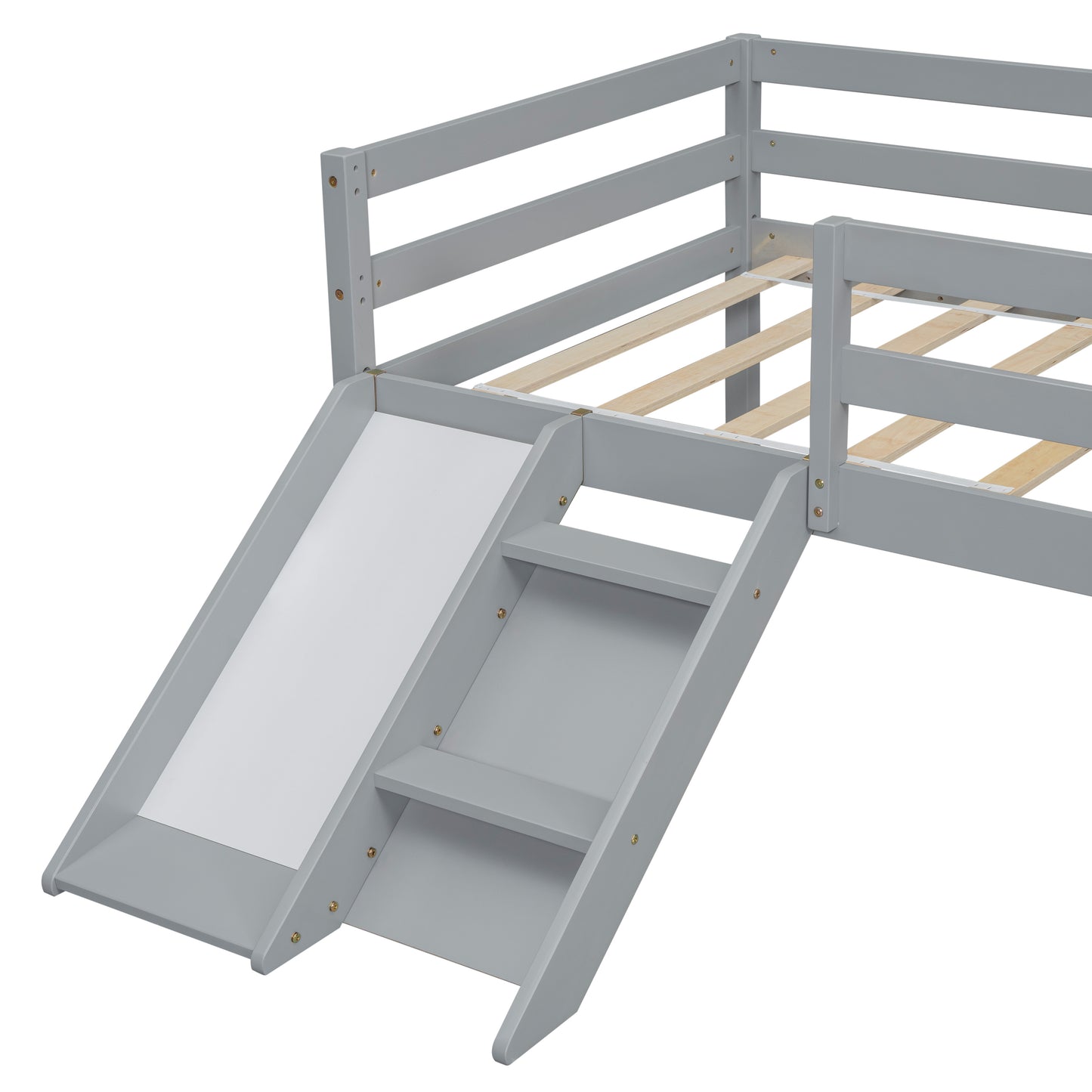 Twin Low Loft Bed with Slide,  Ladder, Safety Guardrails, No Box Spring Needed,Grey