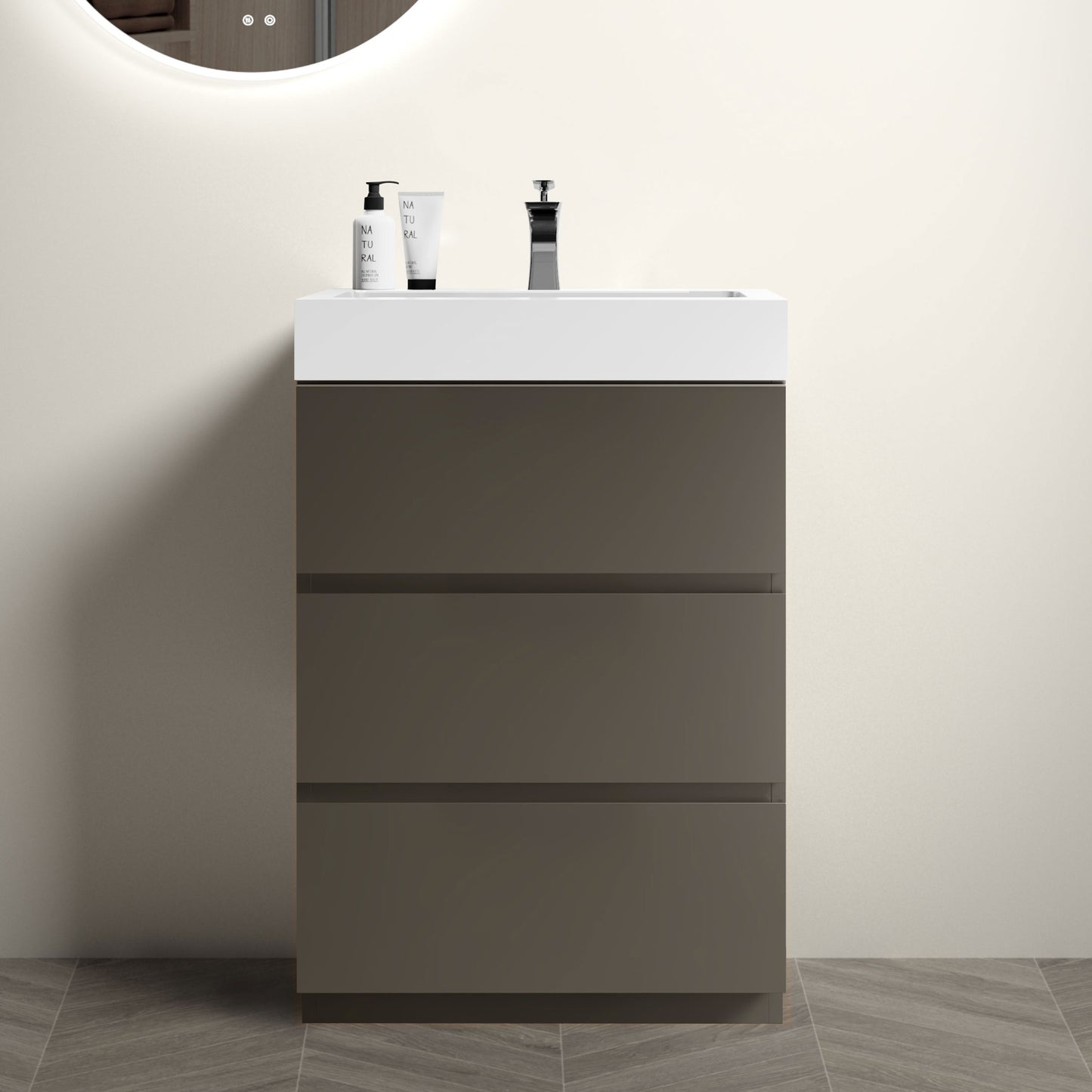 Alice 24" Gray Bathroom Vanity with Sink, Large Storage Freestanding Bathroom Vanity for Modern Bathroom, One-Piece White Sink Basin without Drain and Faucet, Pre-assembled