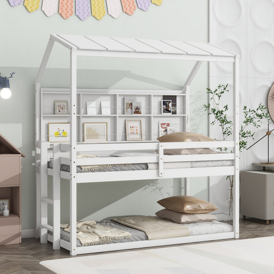 Twin House Loft Bed with Guardrails, Semi-enclosed Roof, Bedside Shelves and Ladder, White