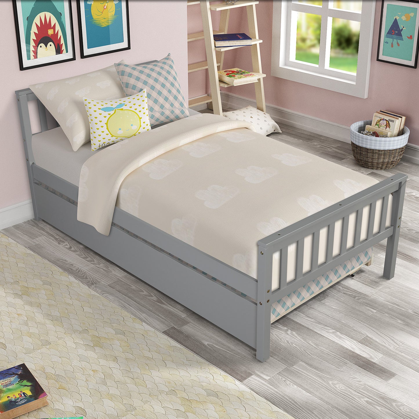 Twin Bed with Trundle, Platform Bed Frame with Headboard and Footboard, for Bedroom Small Living Space,No Box Spring Needed,Grey(Old SKU:W50422210)