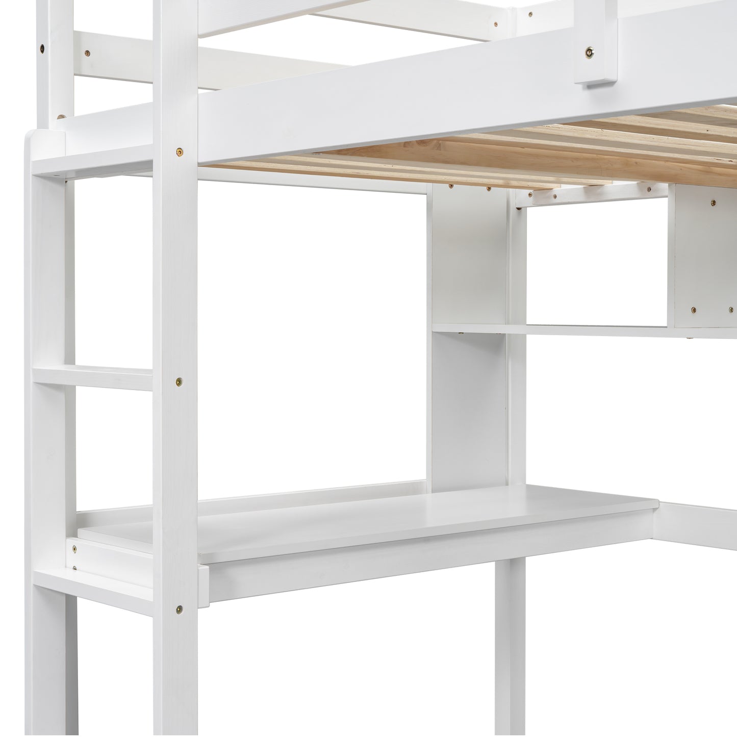 Twin Loft Bed with built-in desk and bookcase of three compartments, Guardrails and Ladder,White