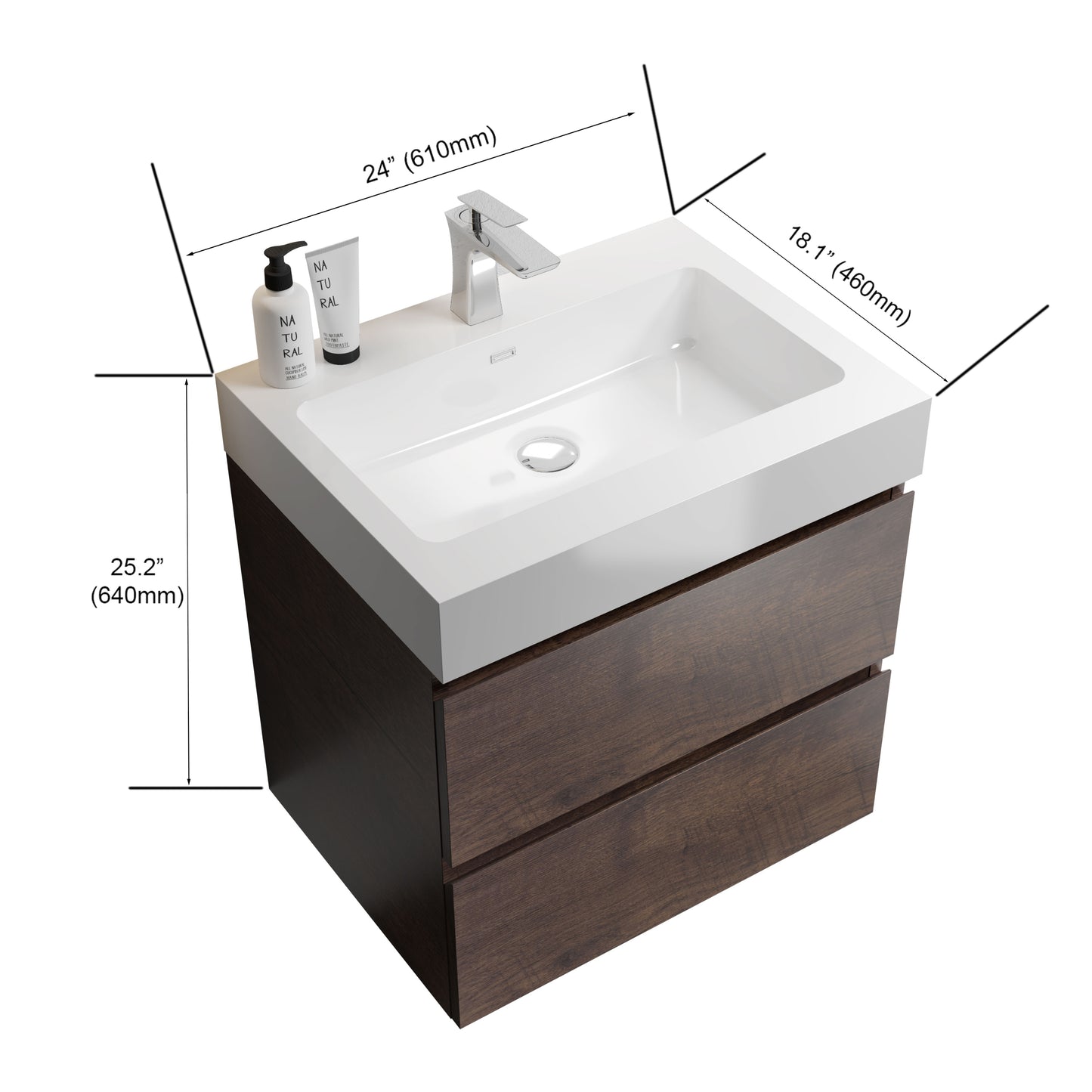 Alice 24" Walnut Bathroom Vanity with Sink, Large Storage Wall Mounted Floating Bathroom Vanity for Modern Bathroom, One-Piece White Sink Basin without Drain and Faucet, Pre-assembled