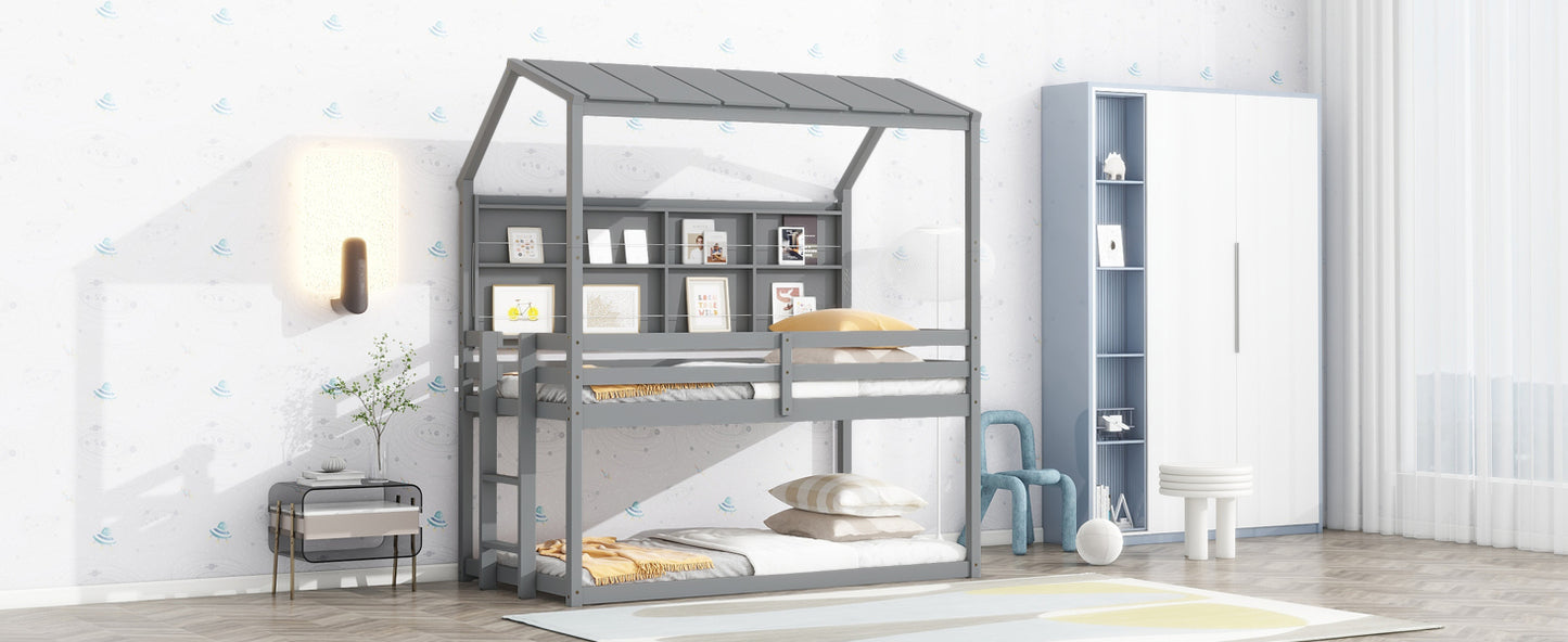 Twin House Loft Bed with Guardrails, Semi-enclosed Roof, Bedside Shelves and Ladder, Grey