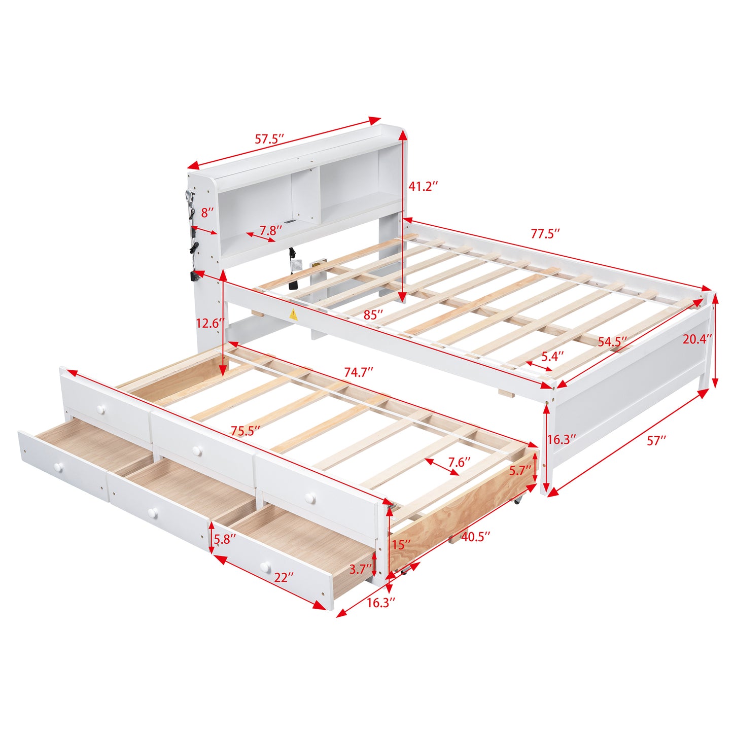 Full Size Bed with USB & Type-C Ports, LED light, Bookcase Headboard, Trundle and 3 Storage Drawers , Full Size Size Bed with  Bookcase Headboard, Trundle and Storage drawers ,White