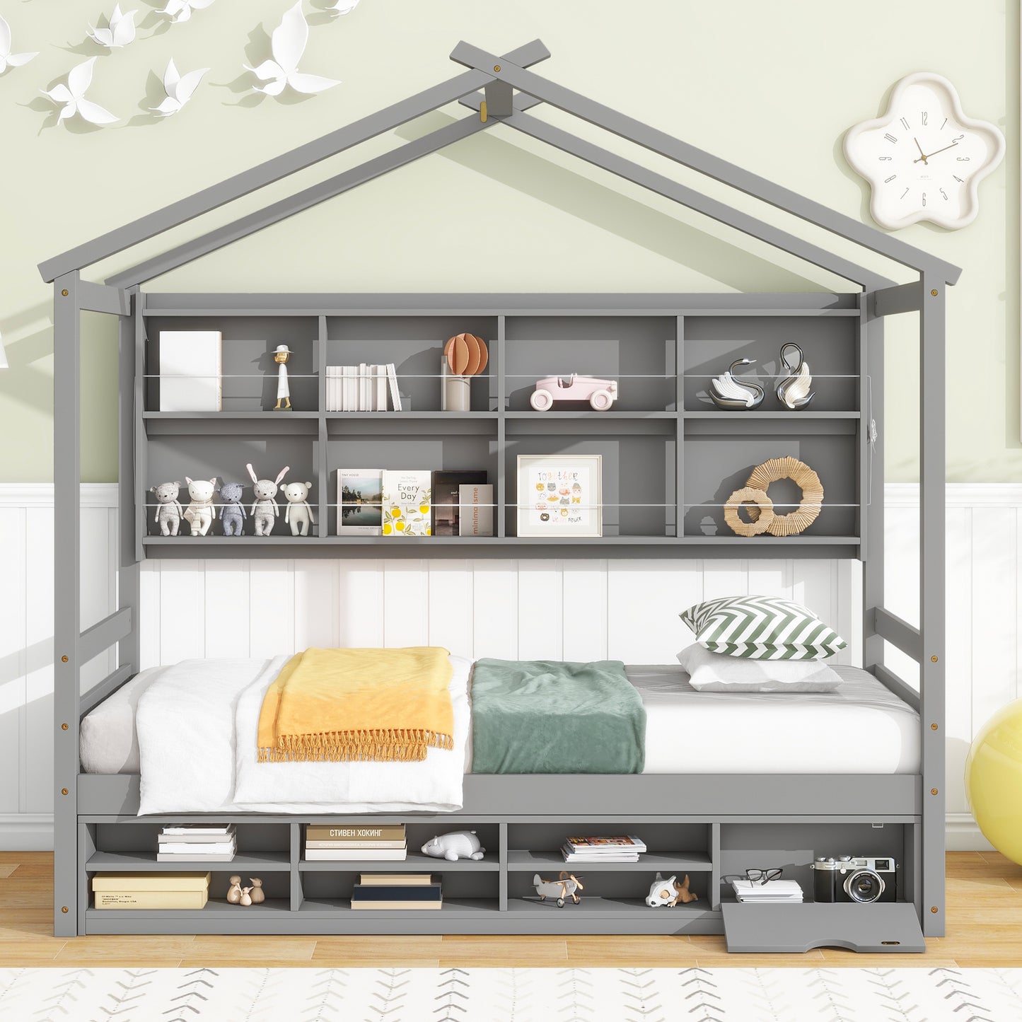 Twin House Bed with Roof Frame, Bedside-shelves, Under Bed Storage Unit,Grey