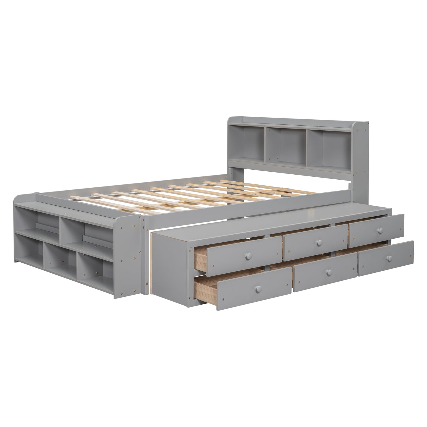 Full Bed with Bookcase Headboard, Under bed Storage Drawers and Bed End Storage Case,Grey