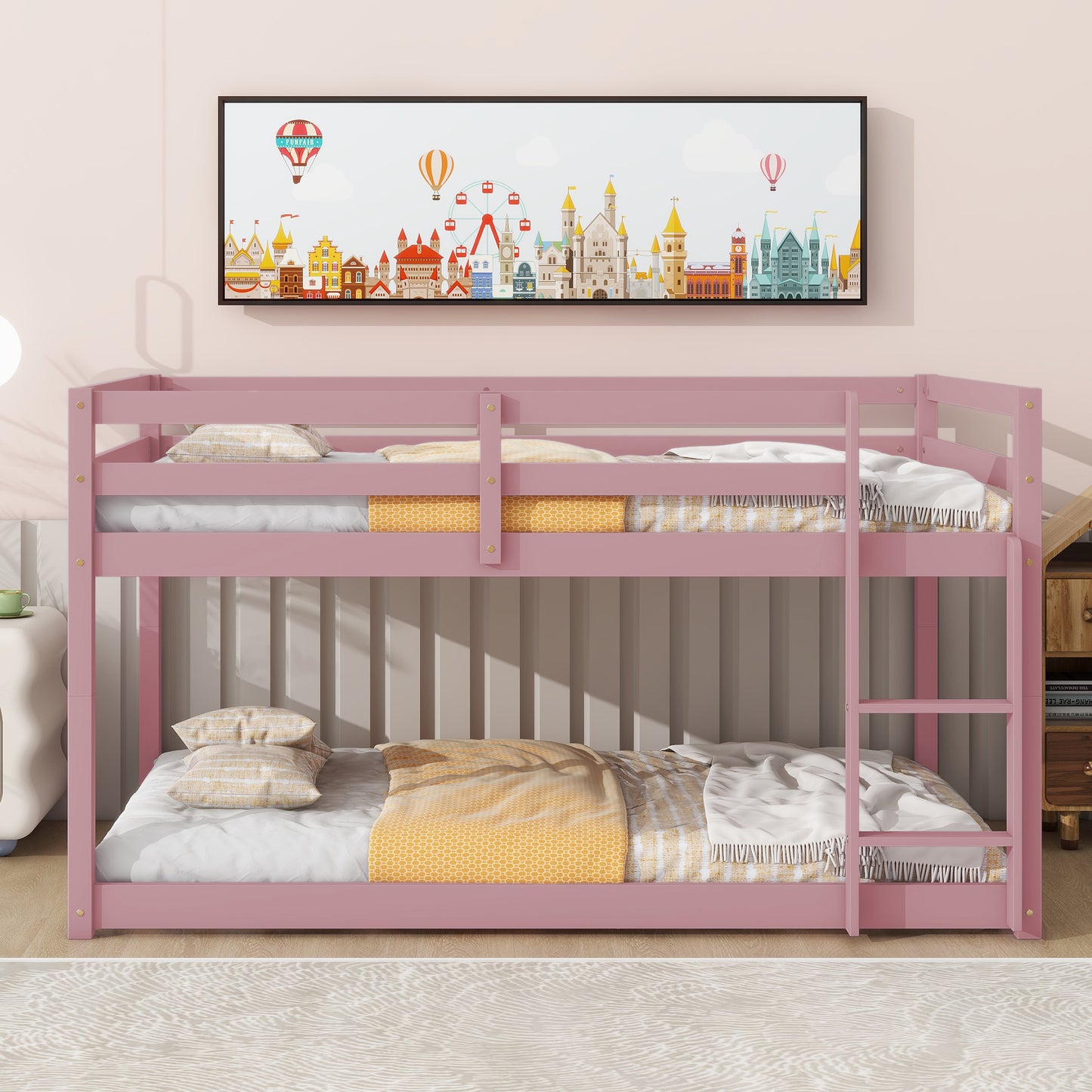 Twin over Twin Floor Bunk Bed,Pink