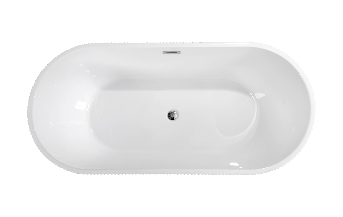 Sophisticated Contemporary Acrylic Freestanding Bathtub, Fluted Gloss White Oval Soaking Tub with Chrome Overflow, Pop Up Drain, Center Placement, Easy Installation for Modern Bathrooms (White,59in)