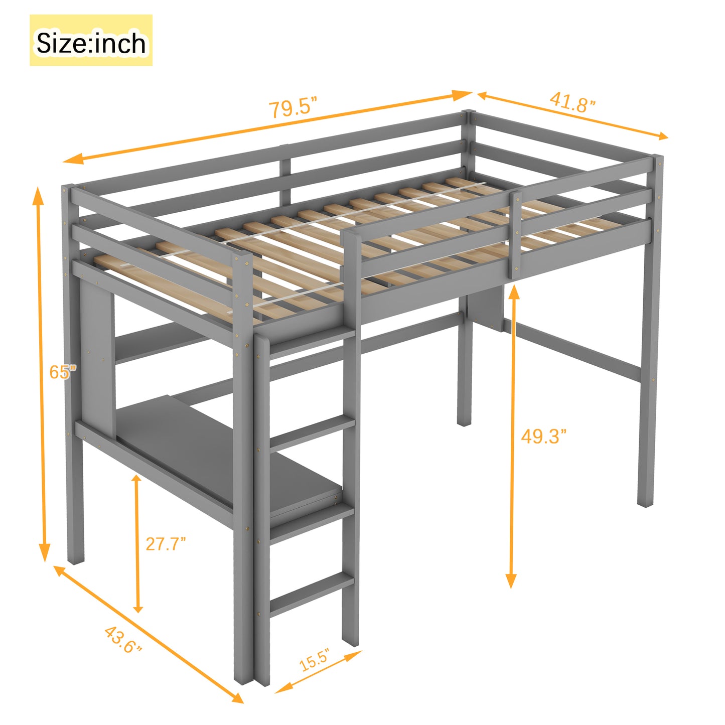 Twin Loft Bed with built-in desk and bookcase of three compartments, Guardrails and Ladder,Grey