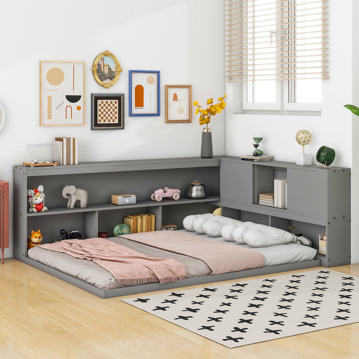 Full Floor Bed with L-shaped Bookcases, sliding doors,without slats,Grey