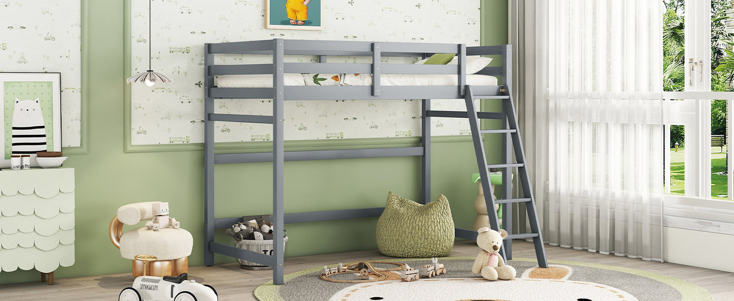 Twin Size High Loft Bed with inclined Ladder, Guardrails,Grey