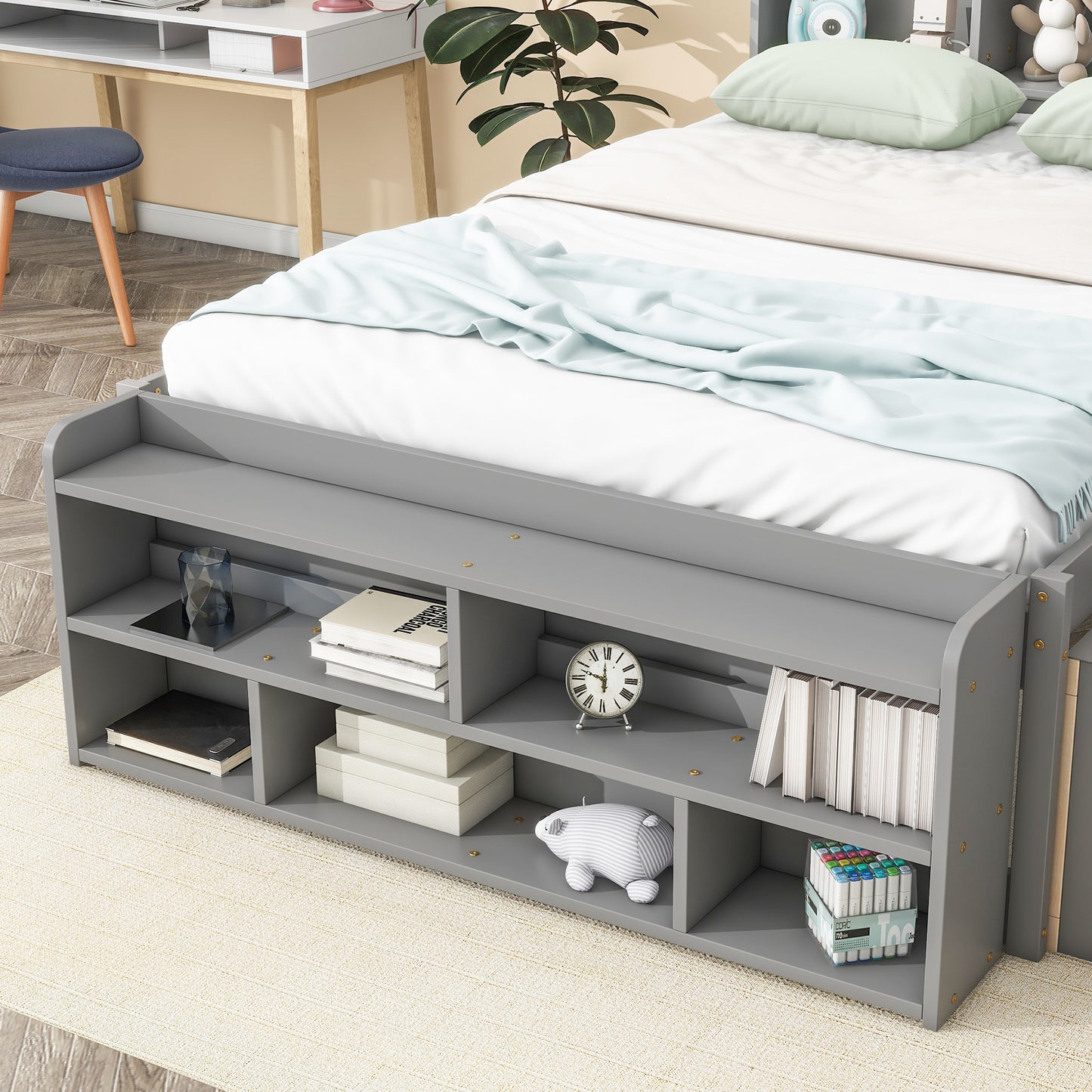 Full Bed with Bookcase Headboard, Under bed Storage Drawers and Bed End Storage Case,Grey