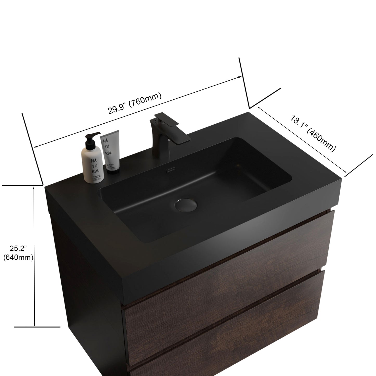 BB02-30-109, Integrated engineered quartz basin WITHOUT drain and faucet, matt black color