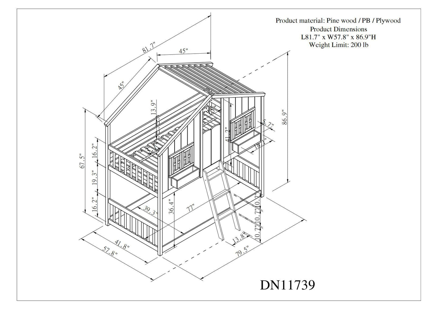 Twin over Twin House Bunk Bed with Roof , Window, Window  Box, Door , with Safety Guardrails and Ladder, Grey