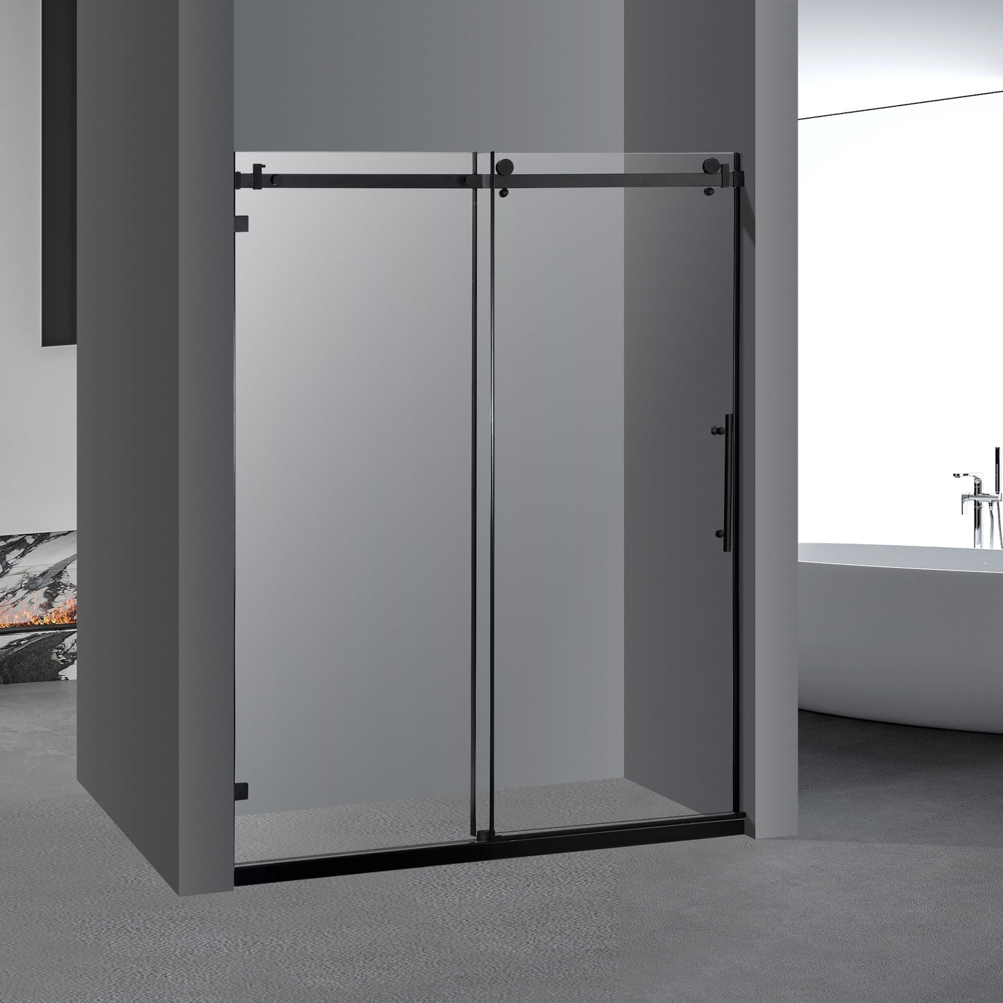 Frameless Sliding Glass Shower Doors 60" Width x 76"Height with 3/8"(10mm) Clear Tempered Glass, Matt Black Finish