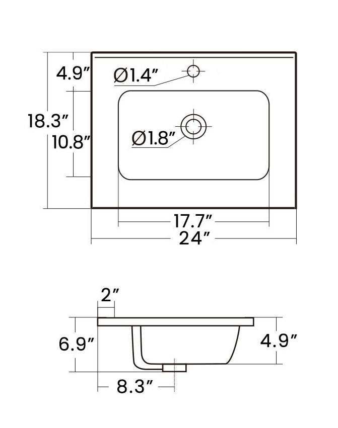 BB0924Y311, Integrated white ceramic basin with one predrilled faucet hole, drain assembly NOT included