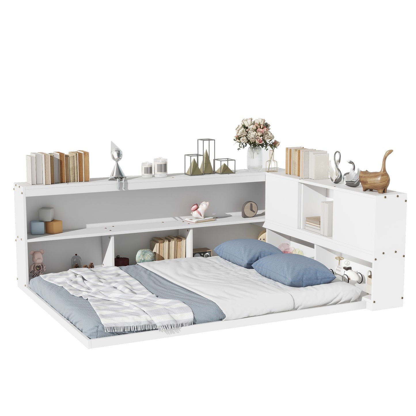 Full Floor Bed with L-shaped Bookcases, sliding doors,without slats,White