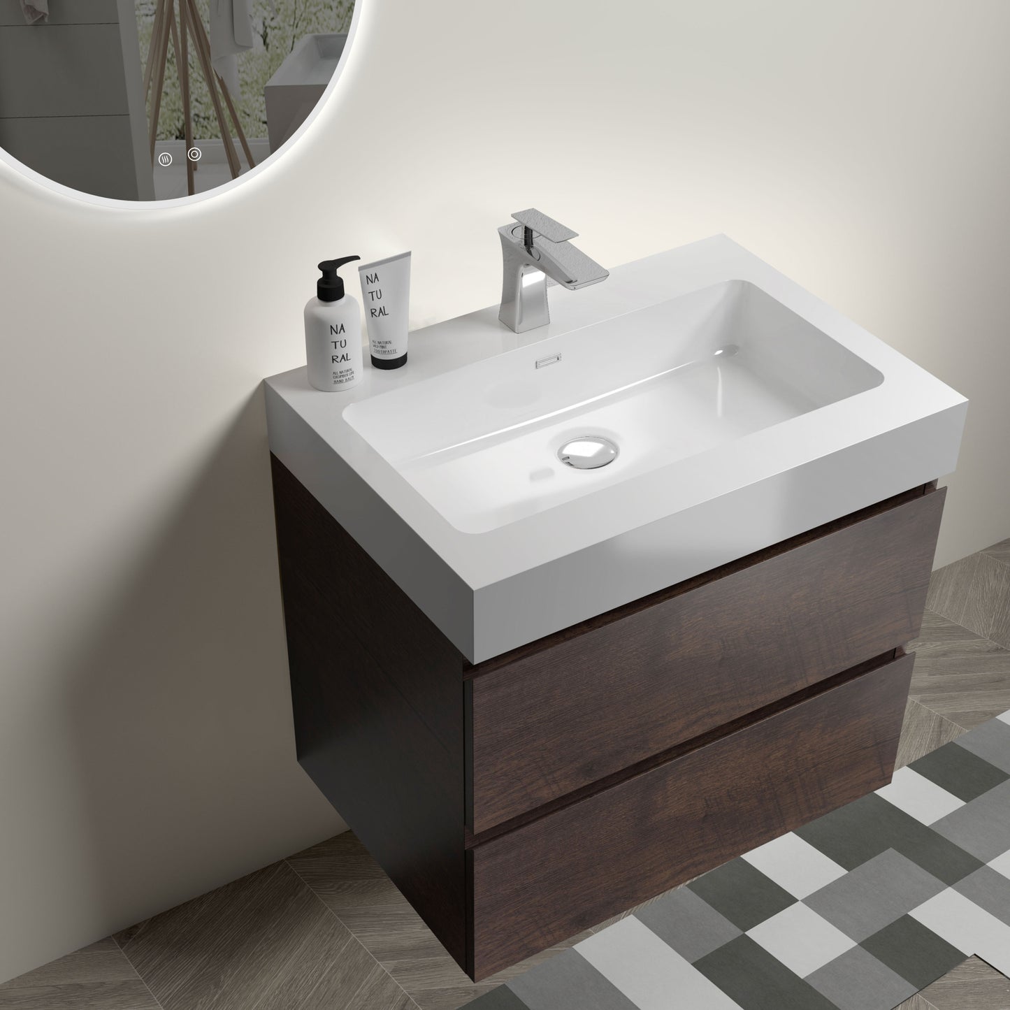 Alice 24" Walnut Bathroom Vanity with Sink, Large Storage Wall Mounted Floating Bathroom Vanity for Modern Bathroom, One-Piece White Sink Basin without Drain and Faucet, Pre-assembled