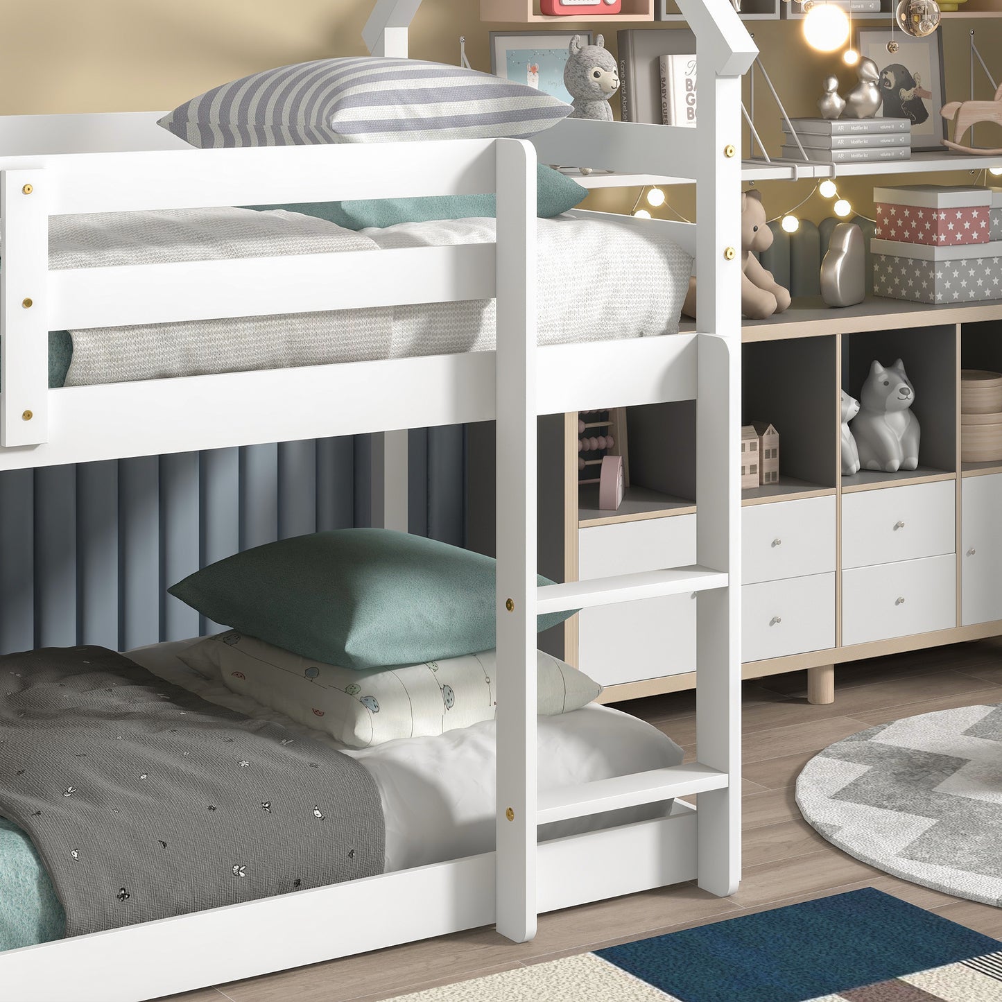 Twin over Twin Loft Bed with Roof Design, Safety Guardrail, Ladder, White