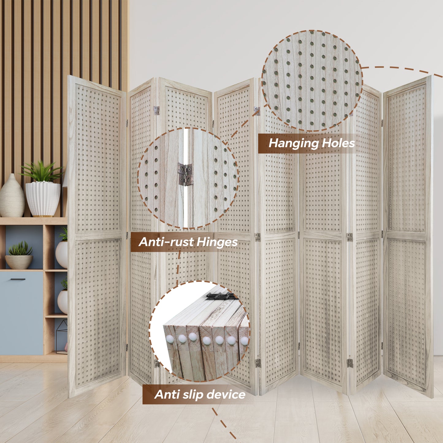 8 Panel Room Divider, 5.6Ft Pegboard Display Wooden Room Divider Folding Privacy Screen Room Divider Freestanding Peg Board Display for Trade Show Craft Show Home Wall Organizer, Natural Wood