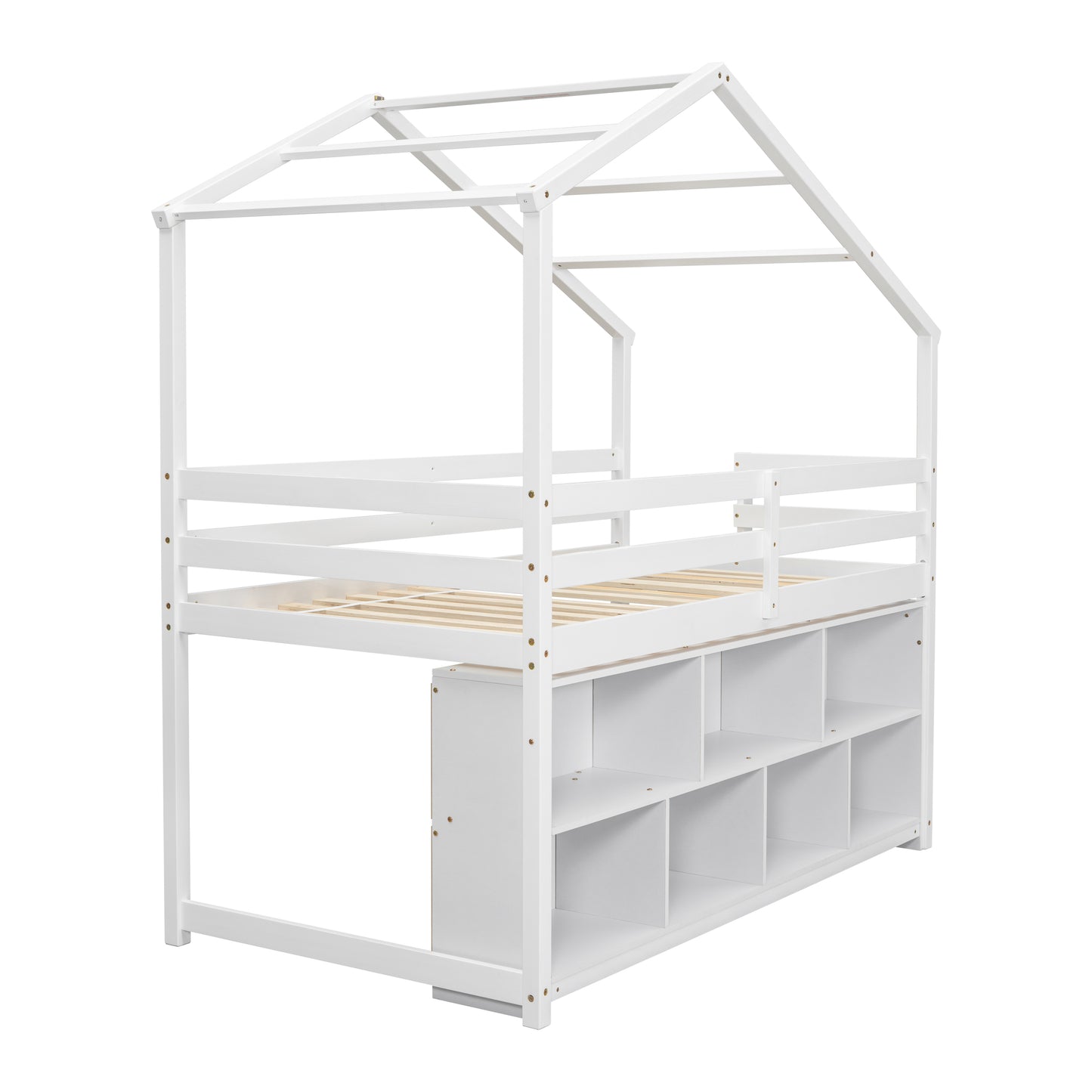 Twin House Loft Bed with Roof Frame, Under Bed Shelving Storage Unit, Guardrails, Ladder,White