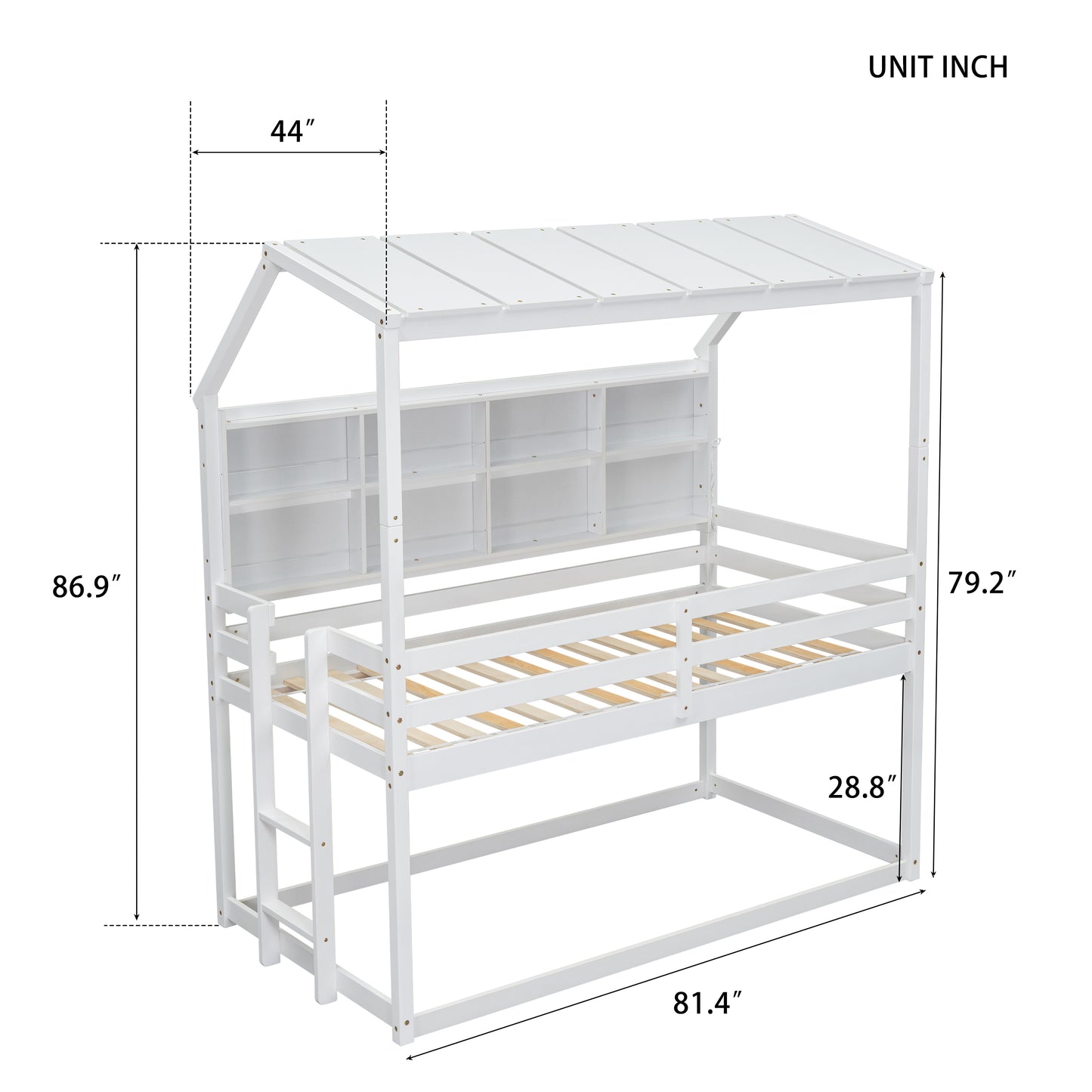 Twin House Loft Bed with Guardrails, Semi-enclosed Roof, Bedside Shelves and Ladder, White