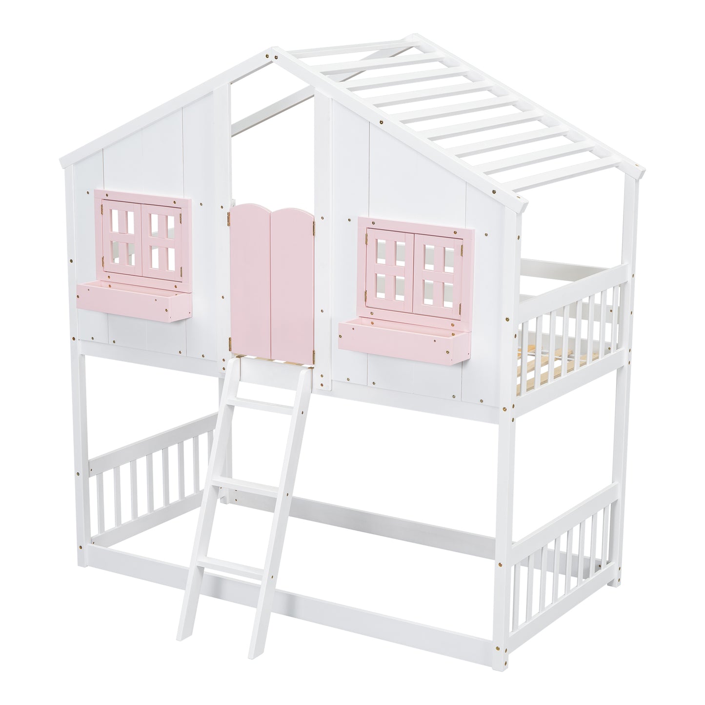 Twin over Twin House Bunk Bed with Roof , Window, Window  Box, Door , with Safety Guardrails and Ladder, Pink/White