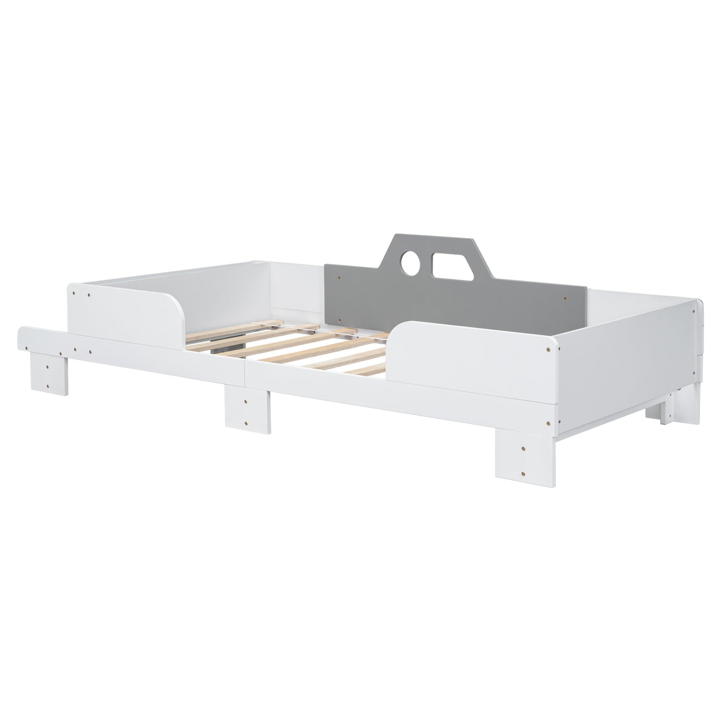 Mesvin Platform Storage Bed Car-Shaped Twin Wood Kid Bed with Bench,White