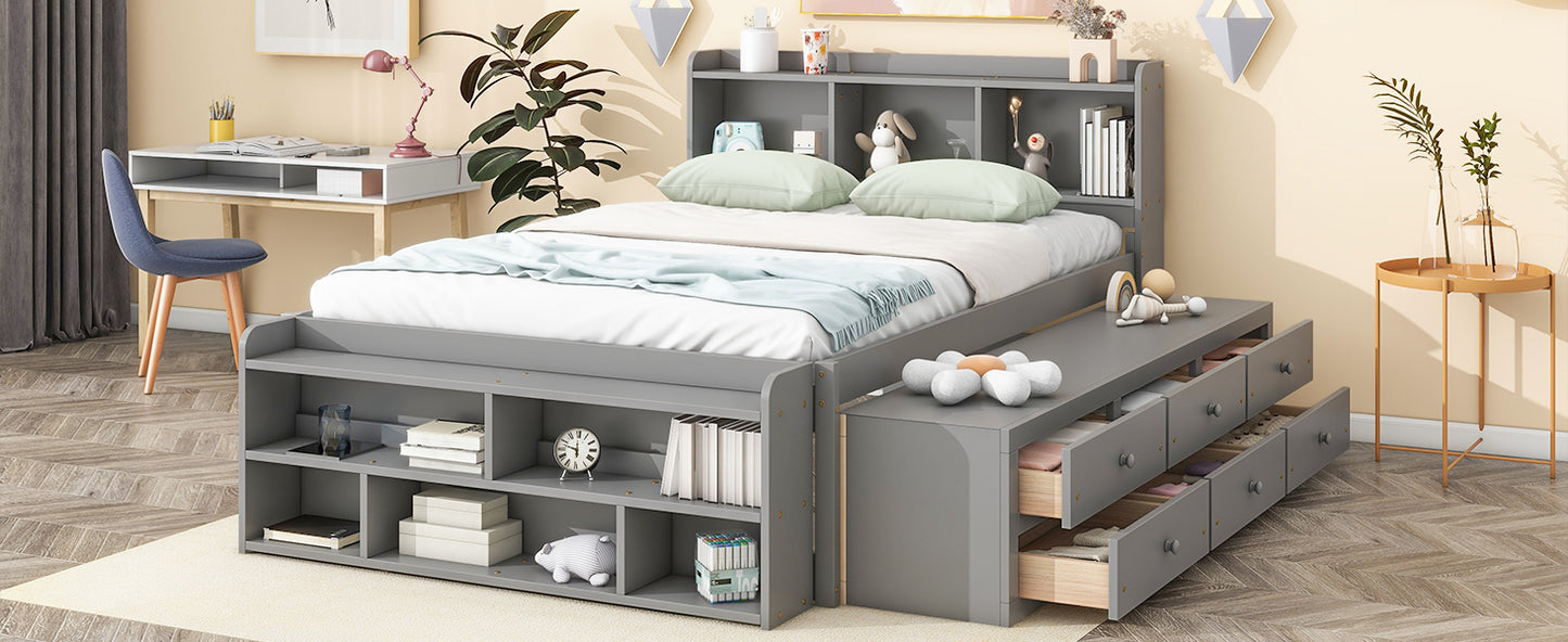 Full Bed with Bookcase Headboard, Under bed Storage Drawers and Bed End Storage Case,Grey