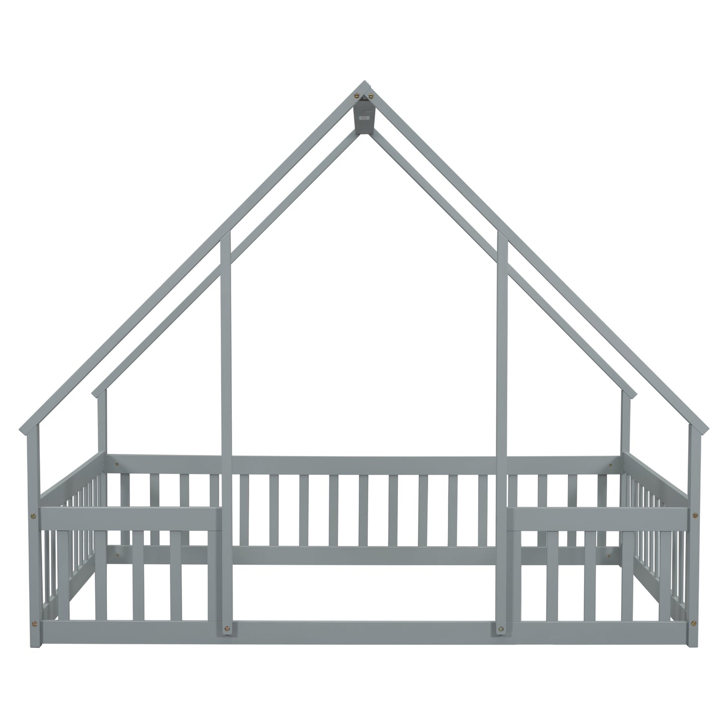 Full Wood House-Shaped Floor Bed with Fence, Guardrails,Grey