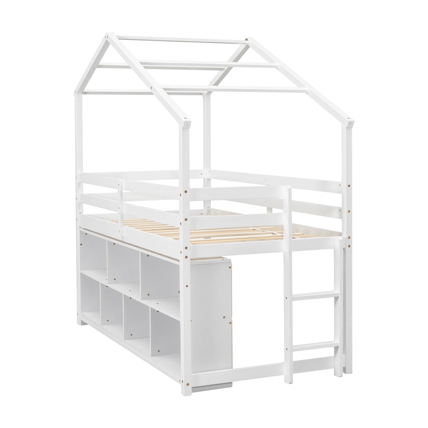 Twin House Loft Bed with Roof Frame, Under Bed Shelving Storage Unit, Guardrails, Ladder,White