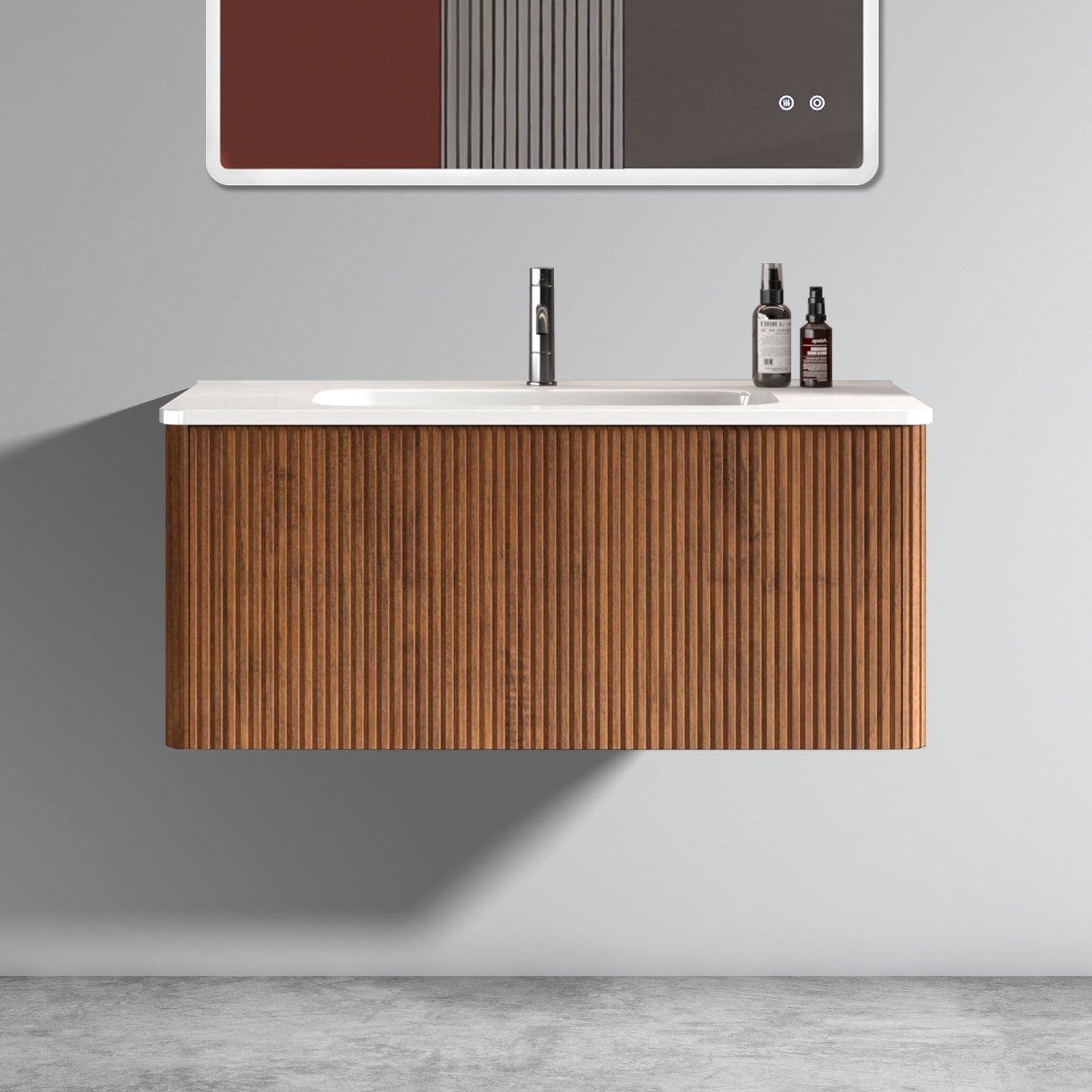 U048-Etna36W-305 Etna 36" Striped Walnut Bathroom Vanity with White Ceramic Sink, Wall Mounted Floating Bathroom Vanity for Modern Bathroom, Pre-assembled