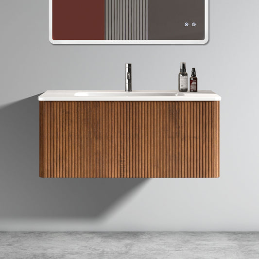 U048-Etna36W-305 Etna 36" Striped Walnut Bathroom Vanity with White Ceramic Sink, Wall Mounted Floating Bathroom Vanity for Modern Bathroom, Pre-assembled