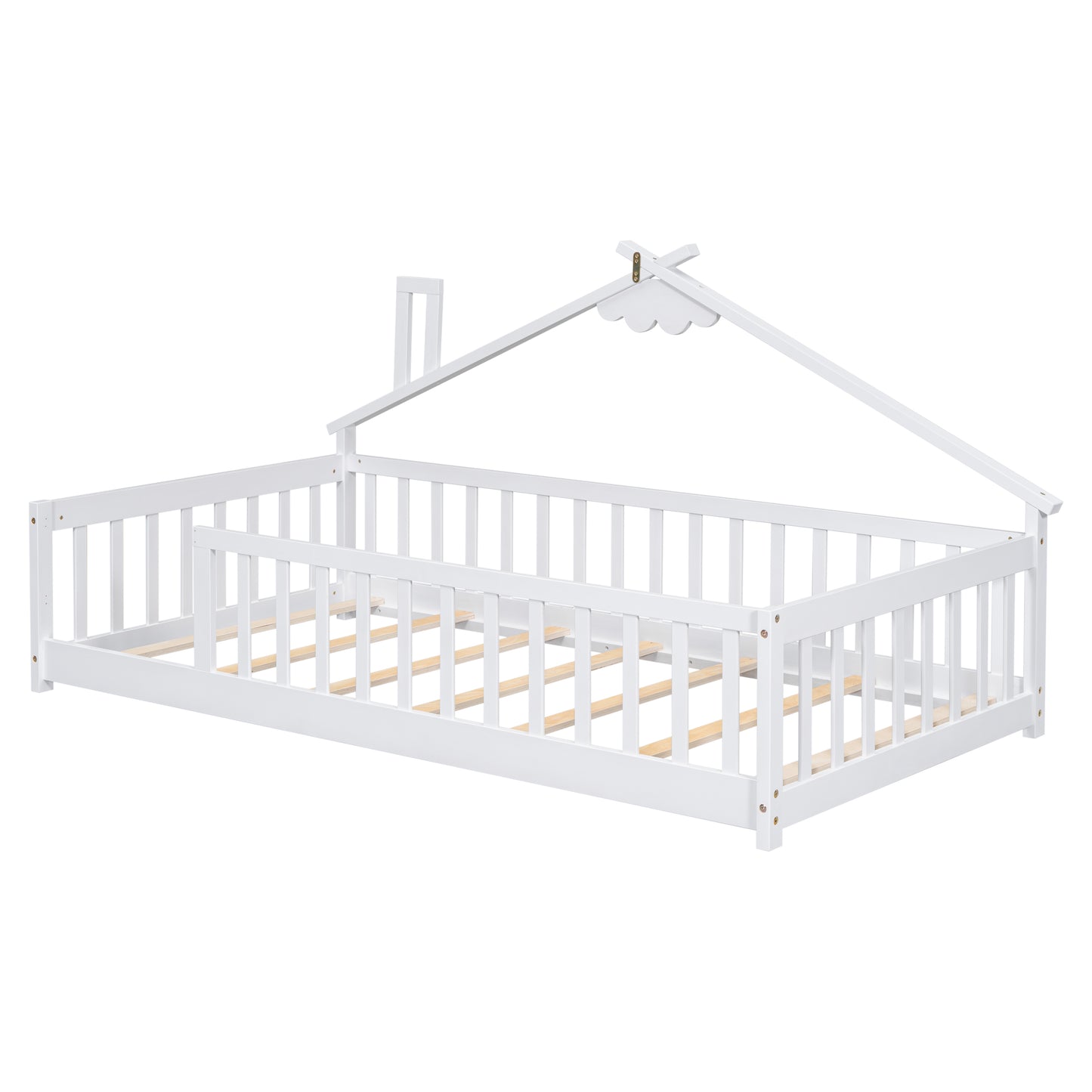 Twin House-Shaped Bedside Floor Bed with Guardrails, Slats, without Door,White