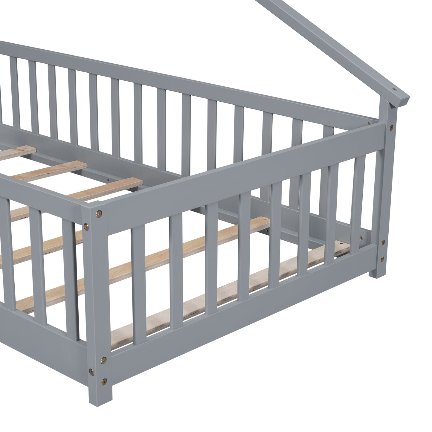 Twin House-Shaped Bedside Floor Bed with Guardrails, Slats, with Door,Grey