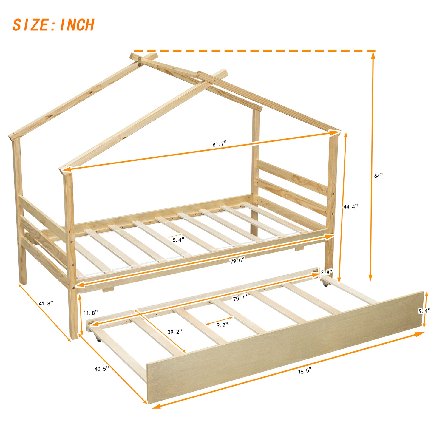 Twin Size  House-shaped Bed with Trundle,Natural