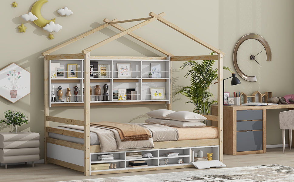 Full House Bed with Roof Frame, Bedside-shelves, Under Bed Storage Unit,Natural