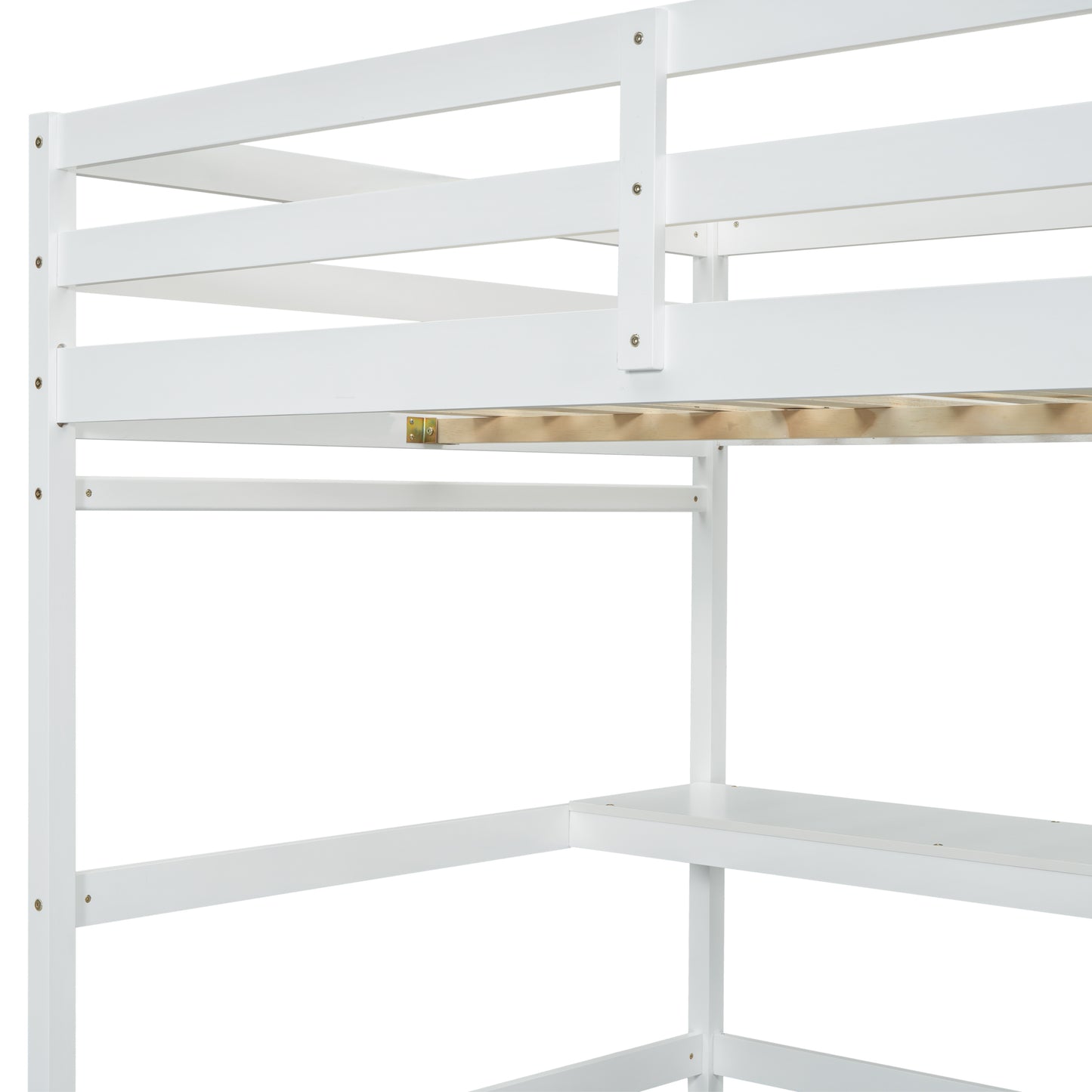 Full Loft Bed with Built-in Desk, Ladder Platform, Ladders, Guardrails,White