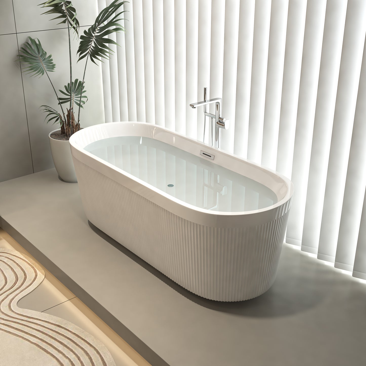 67" Acrylic Freestanding Bathtub with Unique Pleated Design: Spacious Oval Shape, Gloss White Finish, Brushed Nickel Overflow & Pop-Up Drain