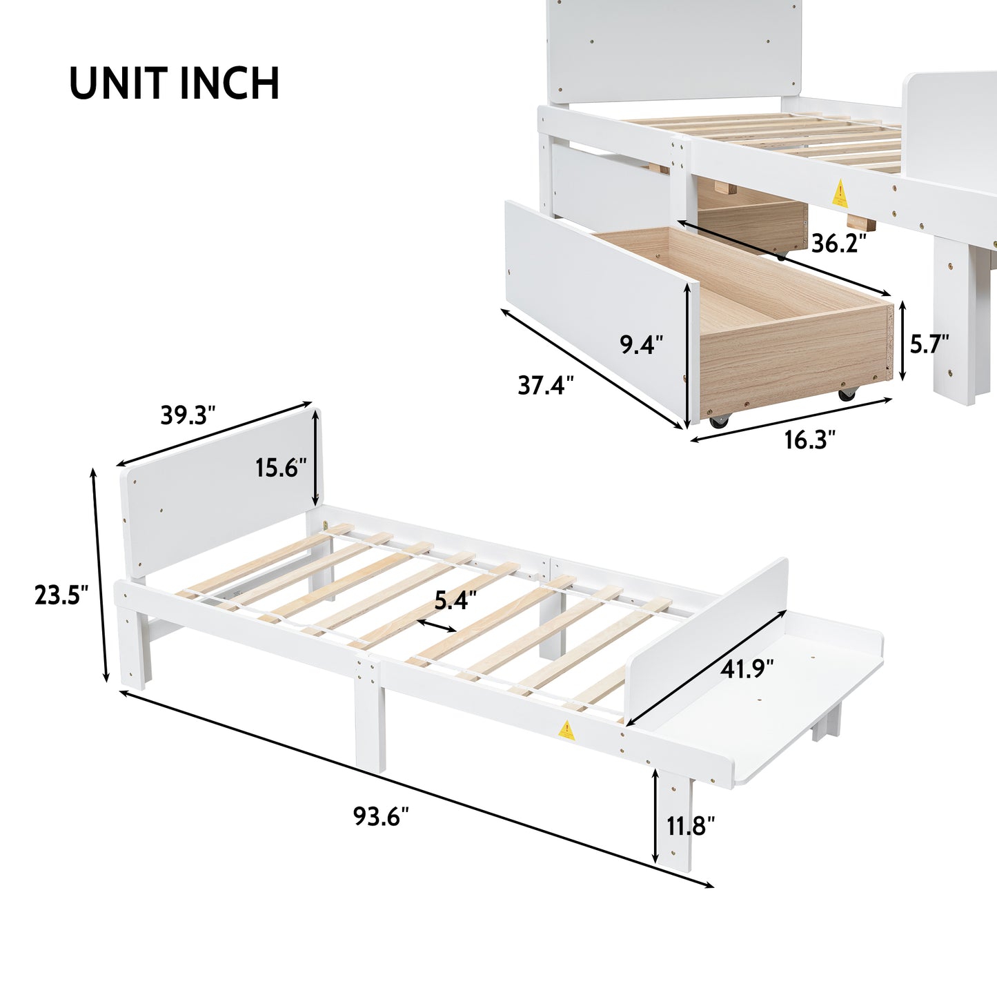 Twin Bed with Footboard Bench,2 drawers,White