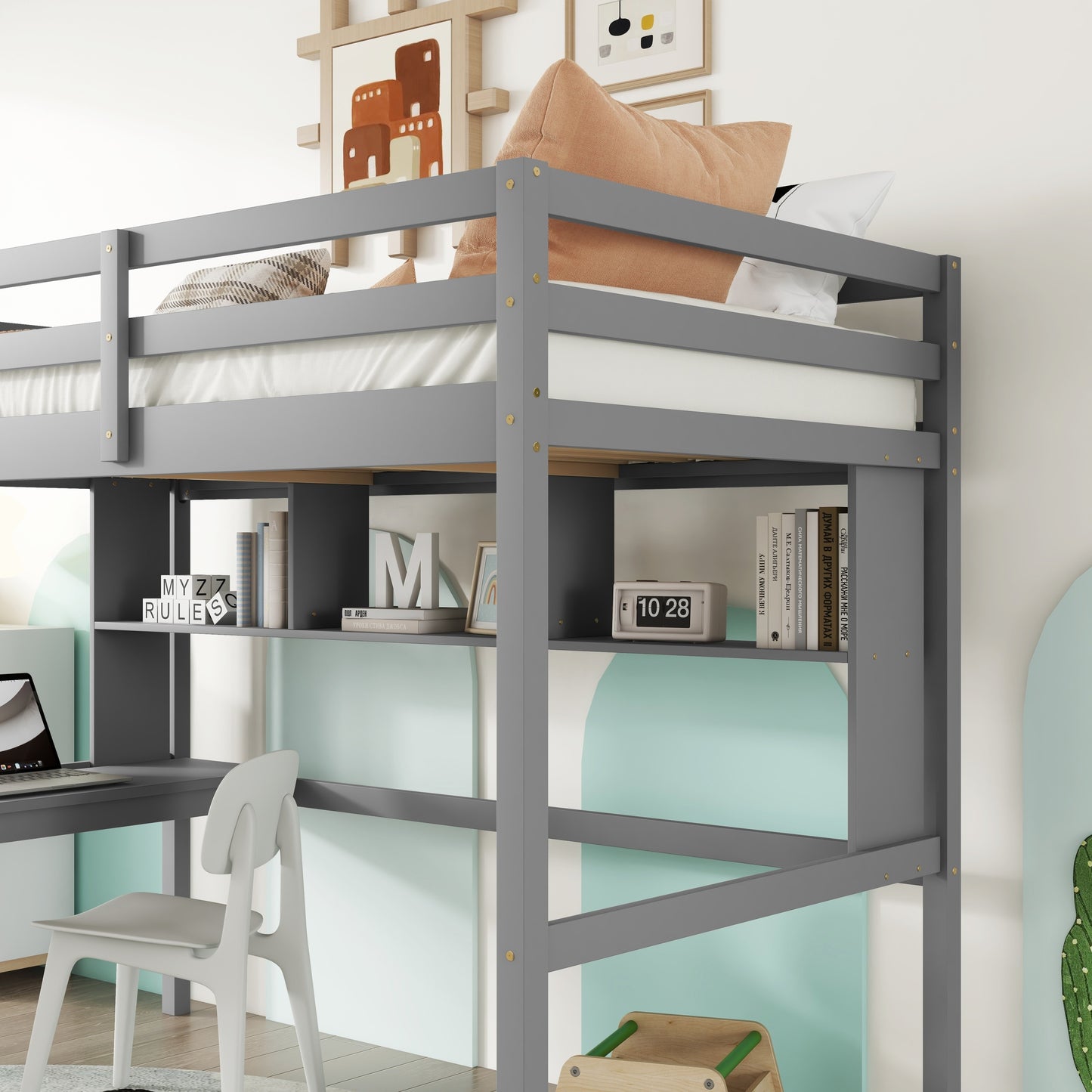 Twin Loft Bed with built-in desk and bookcase of three compartments, Guardrails and Ladder,Grey