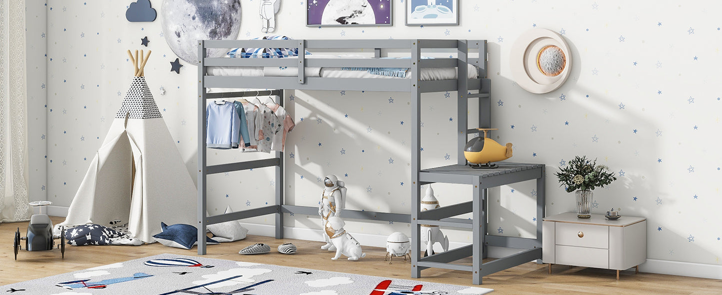 Twin High Loft Bed with Ladder landing Platform, Ladders, Guardrails,Grey