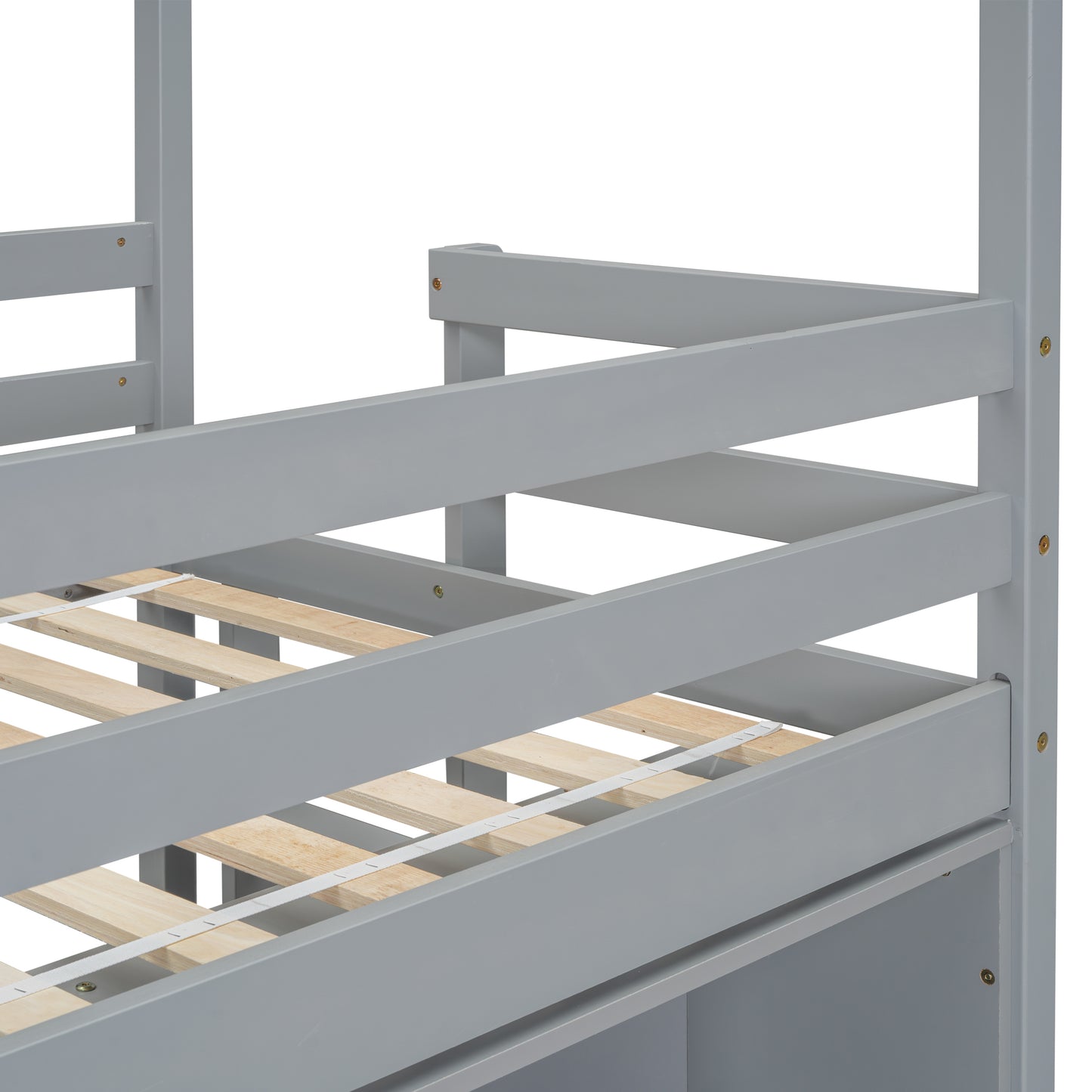 Twin House Loft Bed with Roof Frame, Under Bed Shelving Storage Unit, Guardrails, Ladder,Grey