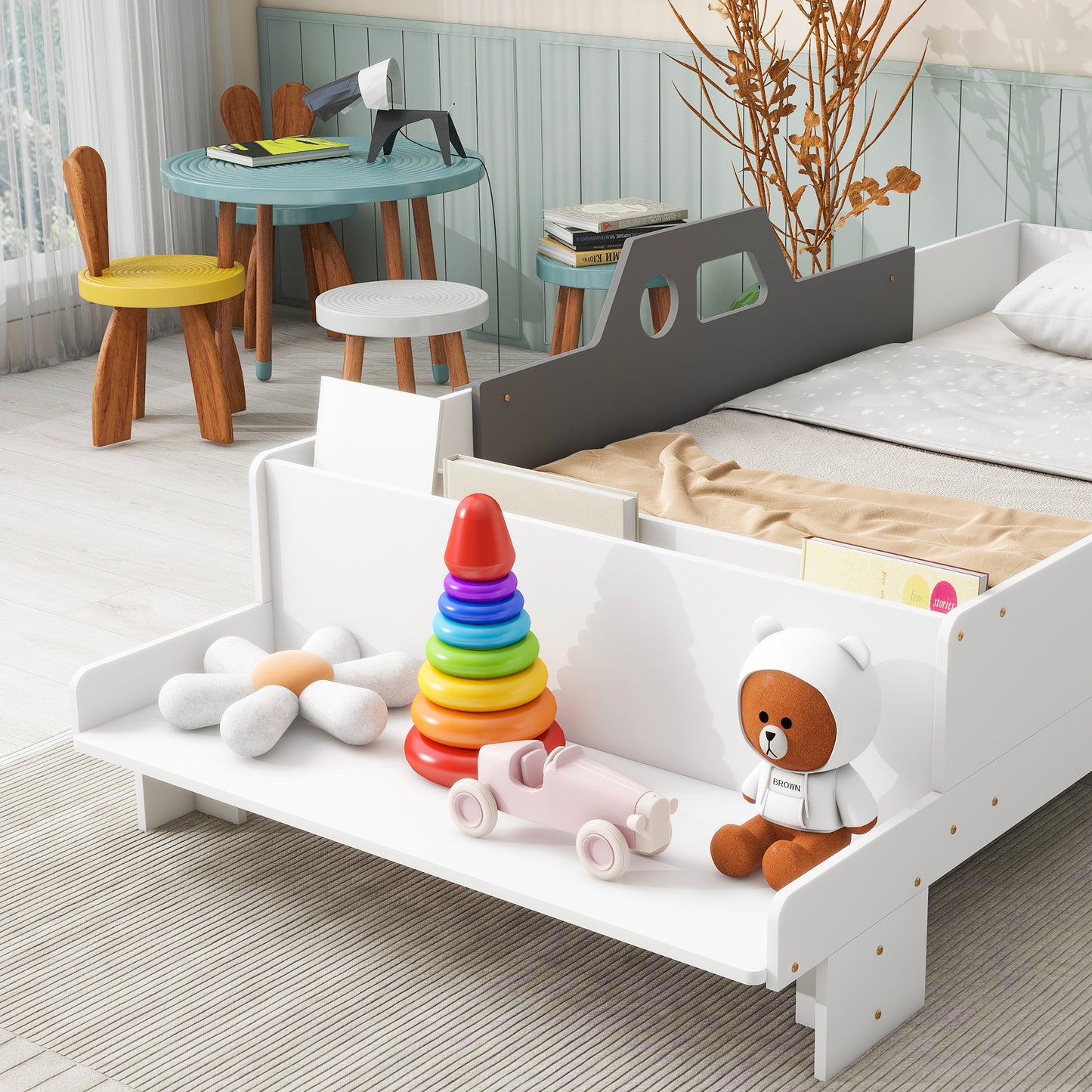 Mesvin Platform Storage Bed Car-Shaped Twin Wood Kid Bed with Bench,White