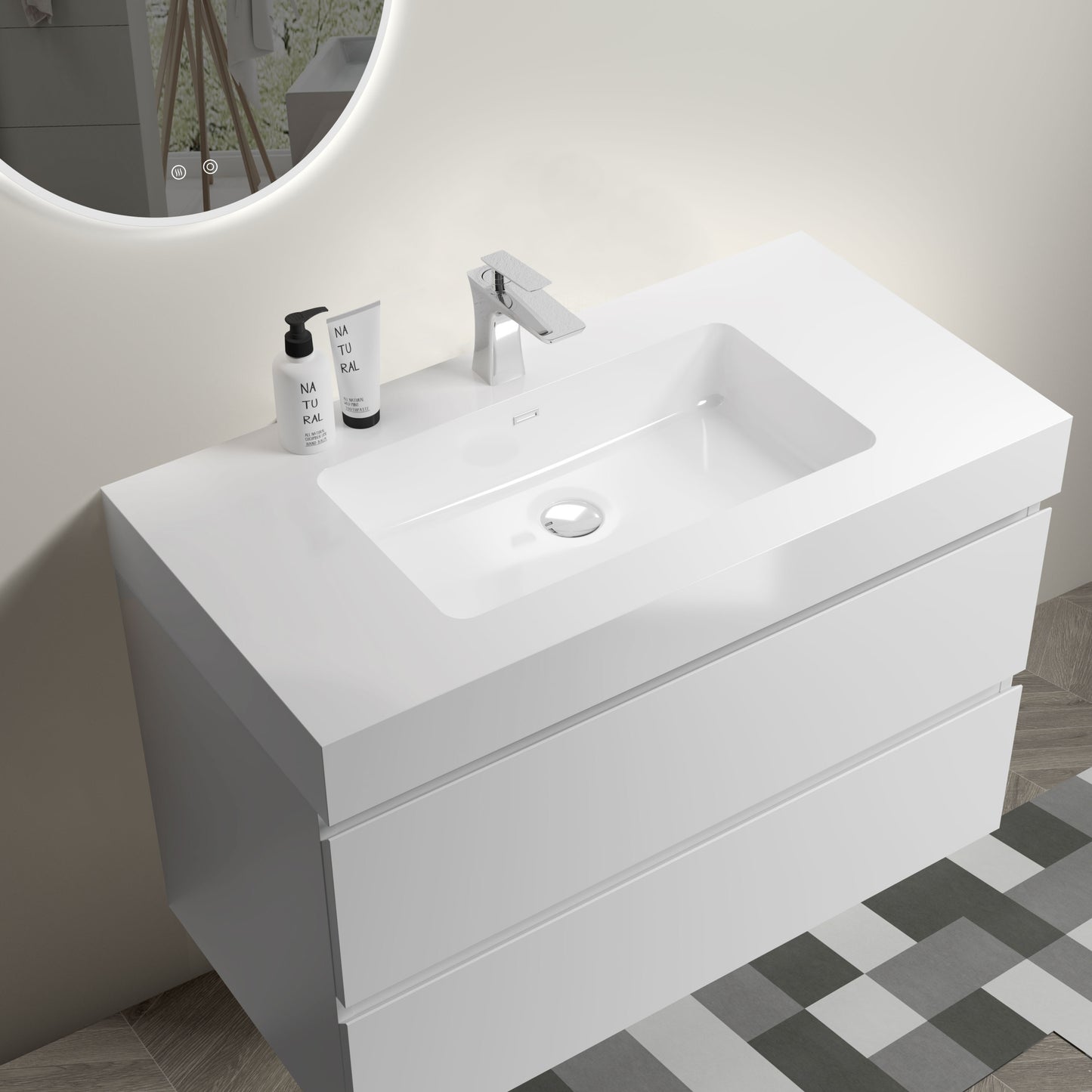 BB02-36-101, Integrated solid surface basin WITHOUT drain and faucet, glossy white color