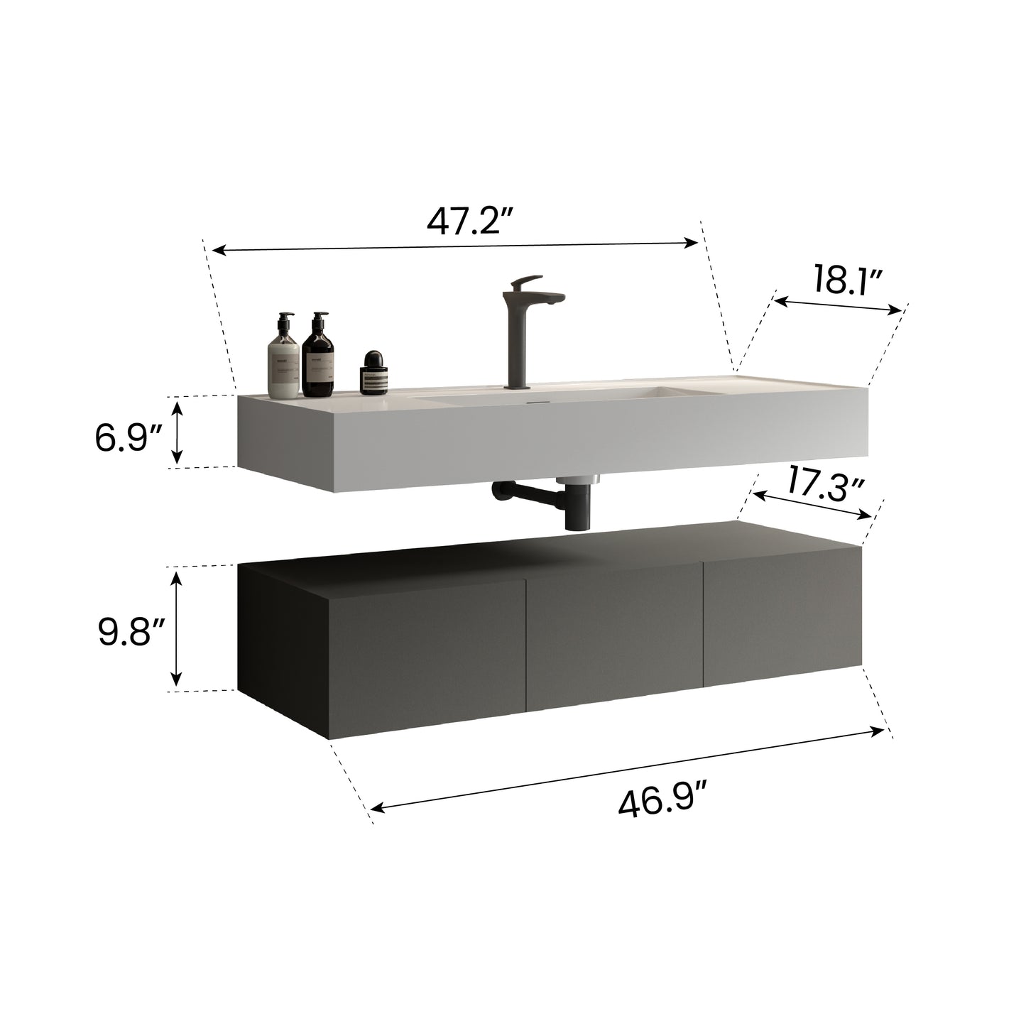 U064-Flora48W-102 Floating Bathroom Sink with Storage Cabinet, Space Gray Wall-mounted Basin with Cabinet with 3 Soft Close Doors