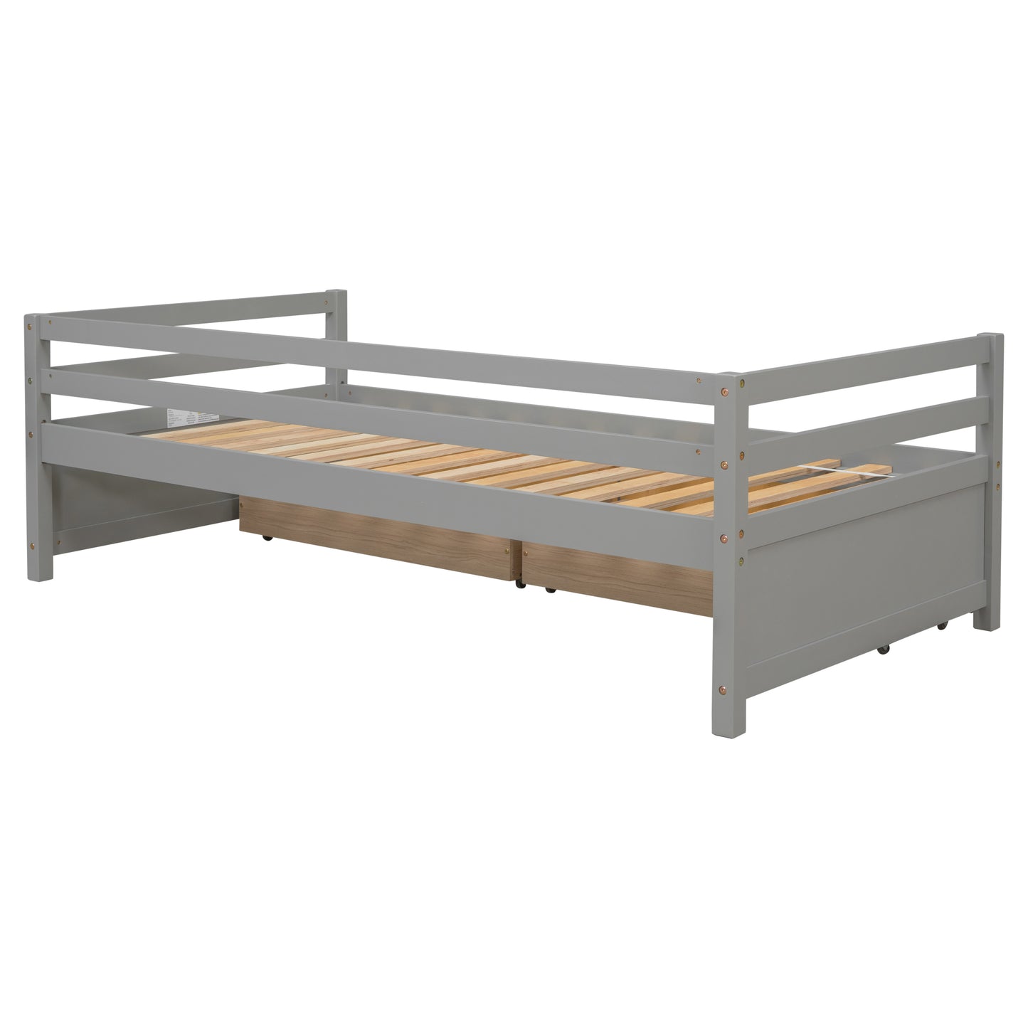 Grey Daybed with Storage Drawers, Wood Full Bed Frame with Built-in End Table for Bedroom, Living Room