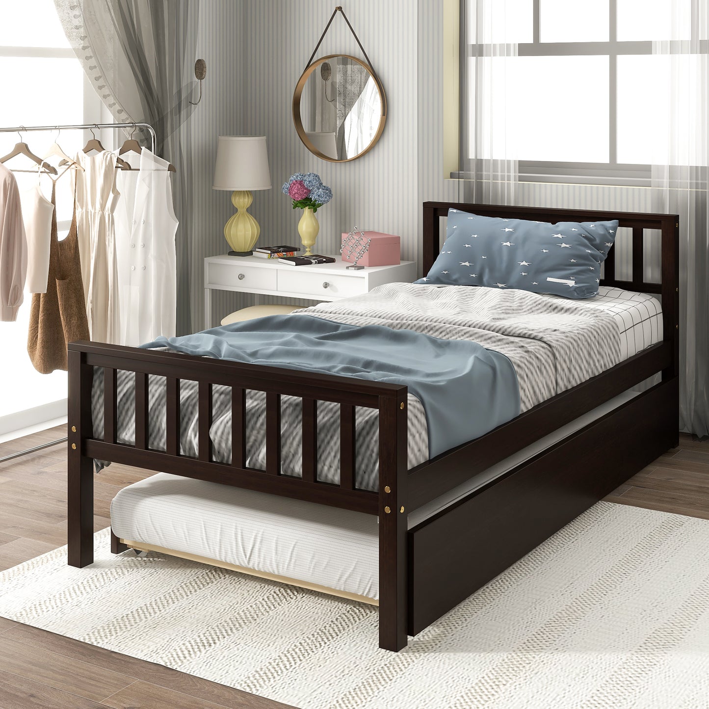 Twin Bed with Trundle, Platform Bed Frame with Headboard and Footboard, for Bedroom Small Living Space,No Box Spring Needed,Espresso(Old SKU:W50440557)